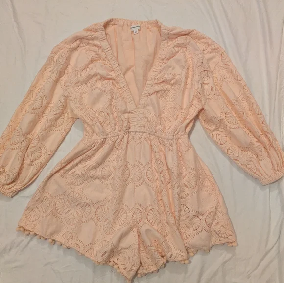 The Drop Women's Long Sleeve Crochet Lace Deep V-Neck Short Romper - Picture 6 of 11